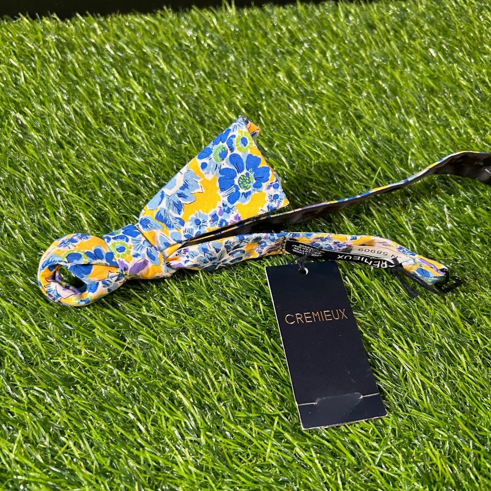 Cremieux Floral Bow Tie Yellow Blue Flower Print Self Tie Adjustable Mens NWT‎